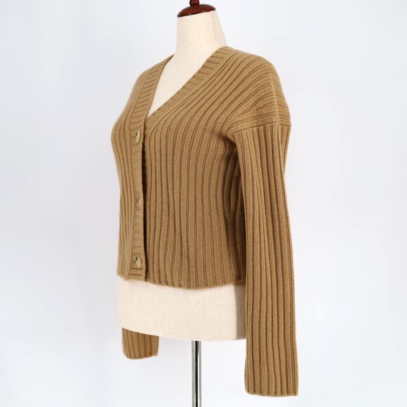 Vince Women Tan Chunky Ribbed Knit Wool & Cashmere Cardigan Sweater Size L - Picture 4 of 6